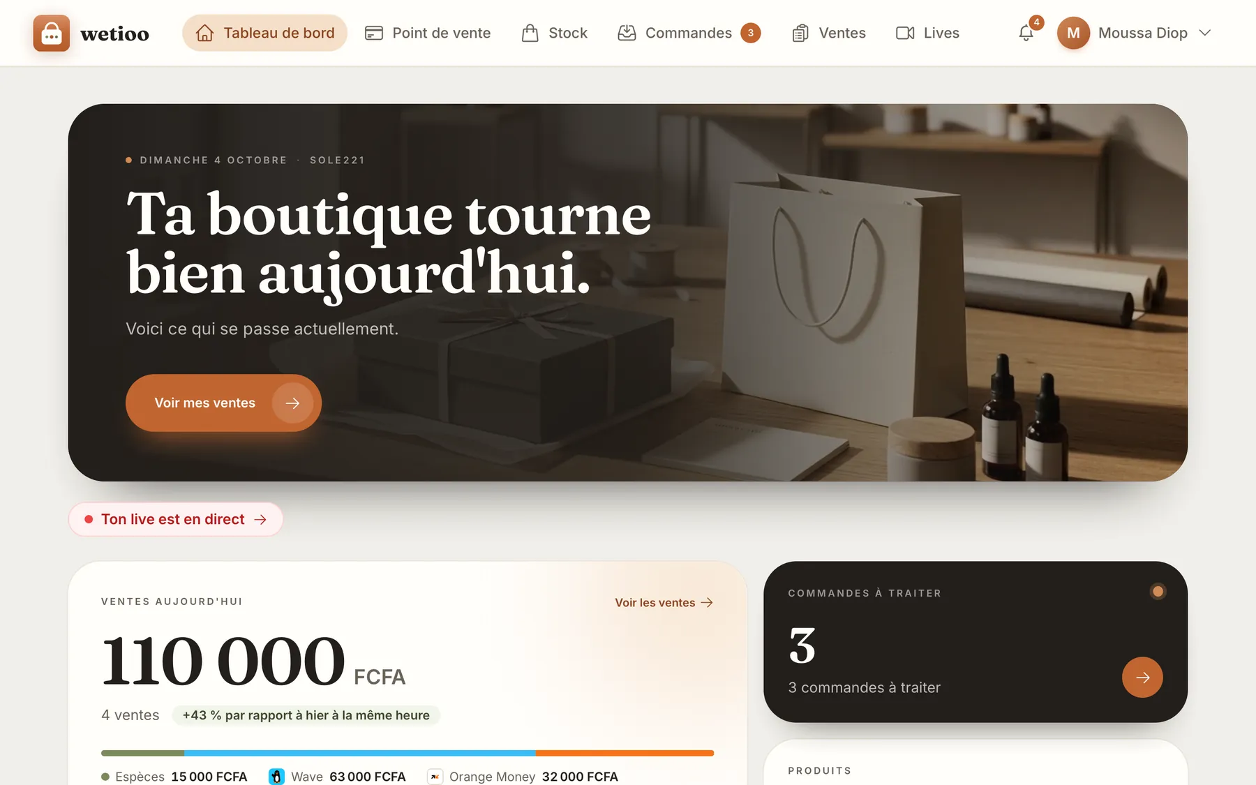 Le tableau de bord de Wetioo : ventes du jour, commandes à traiter, moyens de paiement