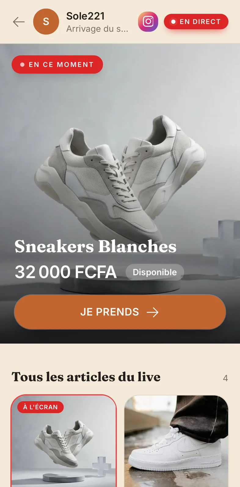 La page du live côté spectateur : le produit à l'écran et le bouton « Je prends »
